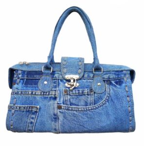 upcycling blue denim jean large capacity doctor style with hand stitching edge top handle satchel structured handbag for women