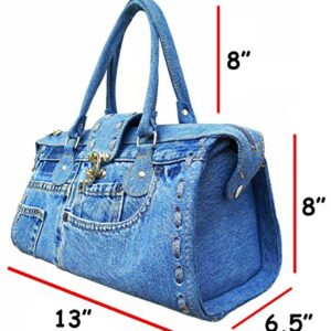 Upcycling Blue Denim Jean Large Capacity Doctor Style with Hand Stitching Edge Top Handle Satchel Structured Handbag for Women
