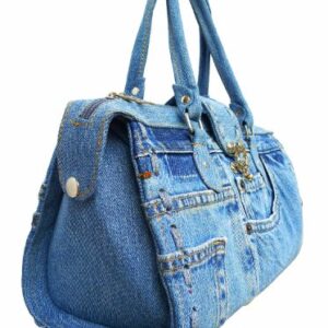 Upcycling Blue Denim Jean Large Capacity Doctor Style with Hand Stitching Edge Top Handle Satchel Structured Handbag for Women