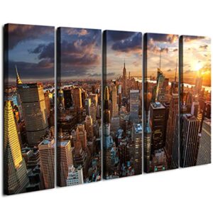 art new york sundown canvas print, large wall city landscape, extra large cityscape big apple new york wall print – 60×32 inch total