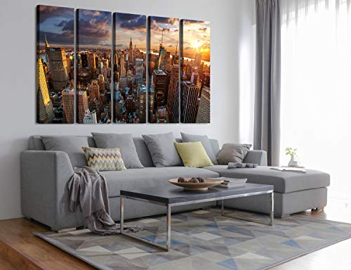 ART New York Sundown Canvas Print, Large Wall City Landscape, Extra Large Cityscape Big Apple New York Wall Print - 60x32 Inch Total