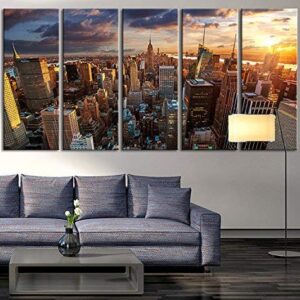 ART New York Sundown Canvas Print, Large Wall City Landscape, Extra Large Cityscape Big Apple New York Wall Print - 60x32 Inch Total