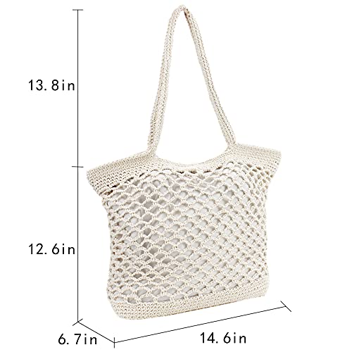 Monique Women Solid Color Hand-woven Crochet Handbag Top-handle Bag Summer Beach Tote Hobo Bag Purse White