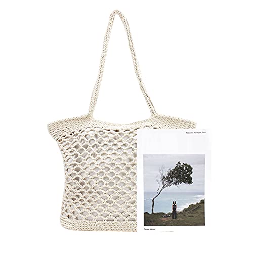 Monique Women Solid Color Hand-woven Crochet Handbag Top-handle Bag Summer Beach Tote Hobo Bag Purse White