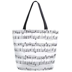 zzwwr chic music stave notes extra large canvas shoulder tote top handle bag for gym beach travel shopping,black white