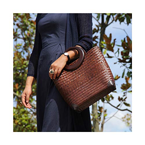 QTKJ Hand-woven Womens Straw Large Boho Handbag Bag for Women, Summer Beach Rattan Tote Travel Bag with Wood Round Top Handle (Brown)