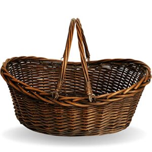 wald imports – medium wicker basket with handle – dark brown hand woven harvest basket – wicker flower basket for storage, picnics, easter, organizing, and more (17 x 6.5 inches)