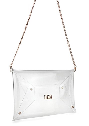 HOXIS Large Size PVC Clear Envelope Clutch Gold Chain Crossbody Bag Women's Purse (Clear)