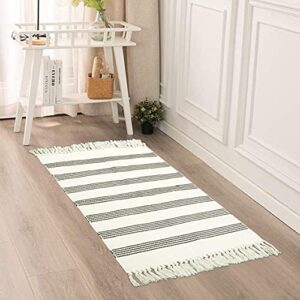 Boho Bathroom Rug 2X3 ft LEEVAN Geometric Cotton Striped Rug with Tassel Door Mat Cotton Line Indoor Floor Mat Bohemian Hand Woven Chic Printed Bedside Rugs for Kitchen Living Room