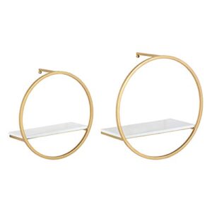 kate and laurel wicks modern glam floating wall shelf set of 2 | round gold metal frame with white painted solid wood shelf boards
