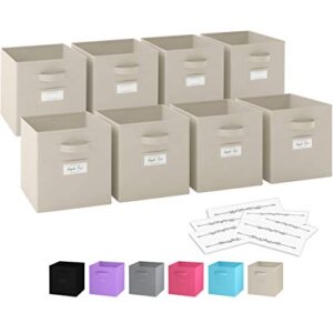 11 inch storage cubes (set of 8) storage baskets | features dual handles & 10 label window cards | cube storage bins | foldable fabric closet shelf organizer | drawer organizers and storage (beige)