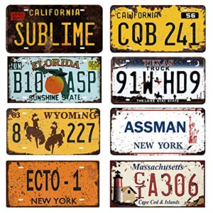 yomia 8 pcs vintage license plates metal sign, retro state number tags for room aesthetic 90s posters or garage wall decor 6″x12″