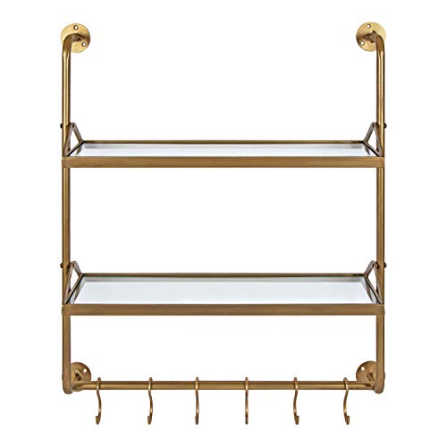 Kate and Laurel Marit Modern Industrial Wall Shelf with Metal Pipe Supports and Glass Shelves, Gold