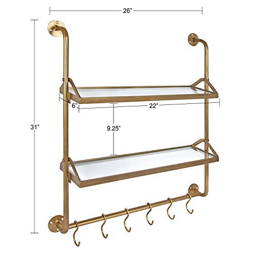 Kate and Laurel Marit Modern Industrial Wall Shelf with Metal Pipe Supports and Glass Shelves, Gold