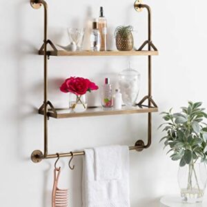 Kate and Laurel Marit Modern Industrial Wall Shelf with Metal Pipe Supports and Glass Shelves, Gold