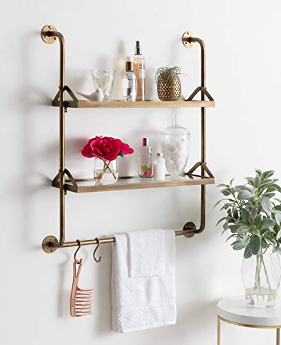 Kate and Laurel Marit Modern Industrial Wall Shelf with Metal Pipe Supports and Glass Shelves, Gold