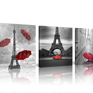 NAN Wind 3 Pcs Paris Canvas Prints Black and White Canvas with Red Umbrella Eiffel Tower Decor Red Car Red Wall Art Paintings on Canvas Stretched and Framed Ready to Hang for Home Decor