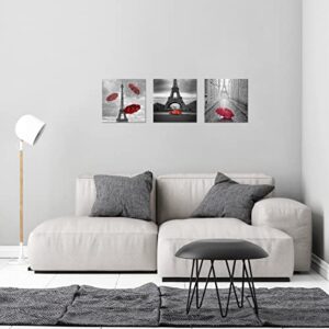 NAN Wind 3 Pcs Paris Canvas Prints Black and White Canvas with Red Umbrella Eiffel Tower Decor Red Car Red Wall Art Paintings on Canvas Stretched and Framed Ready to Hang for Home Decor