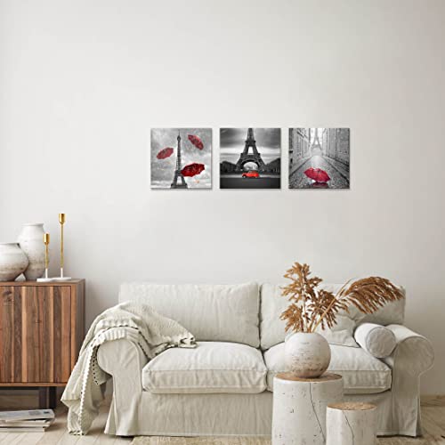 NAN Wind 3 Pcs Paris Canvas Prints Black and White Canvas with Red Umbrella Eiffel Tower Decor Red Car Red Wall Art Paintings on Canvas Stretched and Framed Ready to Hang for Home Decor