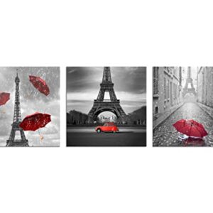NAN Wind 3 Pcs Paris Canvas Prints Black and White Canvas with Red Umbrella Eiffel Tower Decor Red Car Red Wall Art Paintings on Canvas Stretched and Framed Ready to Hang for Home Decor