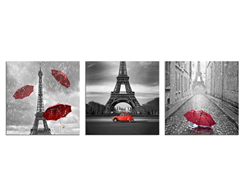 NAN Wind 3 Pcs Paris Canvas Prints Black and White Canvas with Red Umbrella Eiffel Tower Decor Red Car Red Wall Art Paintings on Canvas Stretched and Framed Ready to Hang for Home Decor