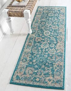 unique loom penrose collection distressed traditional vintage floral area rug, 2 ft 2 in x 6 ft, turquoise/beige