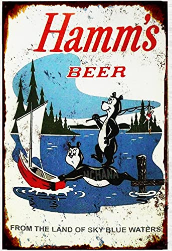 Vintage Metal Tin Sign Hamms Beer Bear Fishing Lake Boat tin Metal Sign 8x12 inches