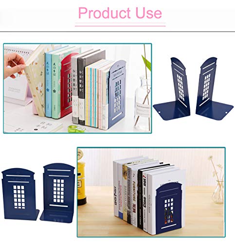 Bookends Blue, MerryNine 1 Pair Heavy Metal Non Skid Sturdy Telephone Booth Decorative Gift for Bookshelf Office School Library