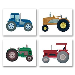boys truck tractor art print- watercolor construction vehicle canvas wall art-(8”x10”x4 pieces, unframed)-perfect for kids bedroom playroom decoration