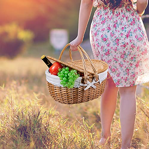 Wicker Picnic Basket with Lid and Handle Sturdy Woven Body with Washable Lining