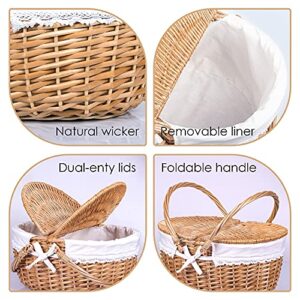 Wicker Picnic Basket with Lid and Handle Sturdy Woven Body with Washable Lining