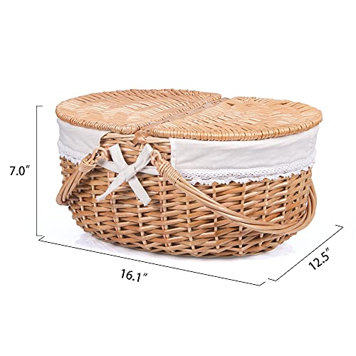 Wicker Picnic Basket with Lid and Handle Sturdy Woven Body with Washable Lining