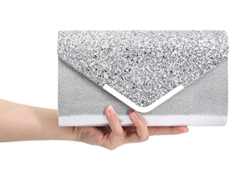 Naimo Womens Shiny Sequin Flap Dazzling Clutch Bag Evening Bag Purse with Detachable Chain for Wedding Party (Silver)