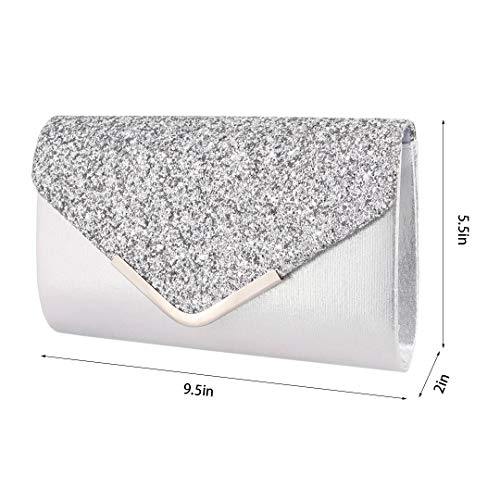 Naimo Womens Shiny Sequin Flap Dazzling Clutch Bag Evening Bag Purse with Detachable Chain for Wedding Party (Silver)