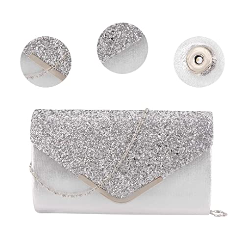 Naimo Womens Shiny Sequin Flap Dazzling Clutch Bag Evening Bag Purse with Detachable Chain for Wedding Party (Silver)