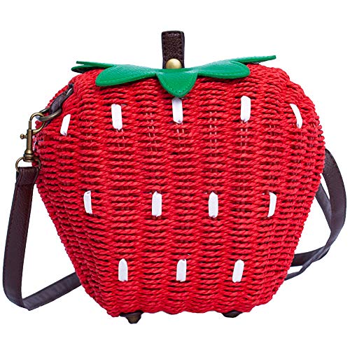 123Arts Women's Strawberry Fruit Weave Shoulder Bag Messenger Bag Beach Bag Purse, Red, 21*18cm