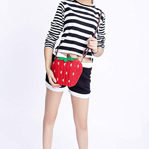 123Arts Women's Strawberry Fruit Weave Shoulder Bag Messenger Bag Beach Bag Purse, Red, 21*18cm