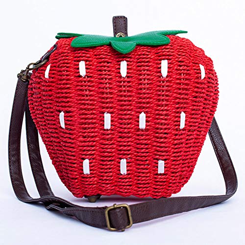 123Arts Women's Strawberry Fruit Weave Shoulder Bag Messenger Bag Beach Bag Purse, Red, 21*18cm