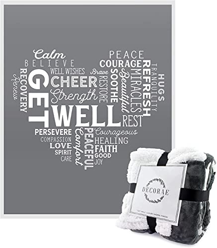 Decorae Healing Thoughts Blanket, Get Well Sherpa Fleece Throw, 5 x 4 Foot, Gray & White