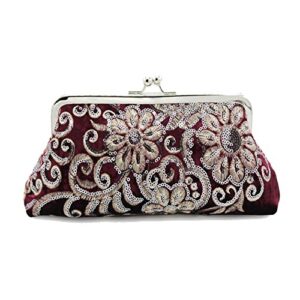 kingluck the evening bags women clutch bags embroidering wedding bridal handbag pearl beaded lace rose fashion rhinestone bags (red)