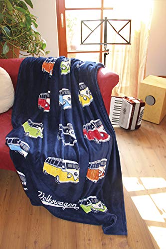 BRISA VW Collection - Volkswagen Samba Bus T1 Camper Van Fleece Blanket, Warm, Cozy & Super Soft (59.0x74.7 Inches/Parade/Blue)