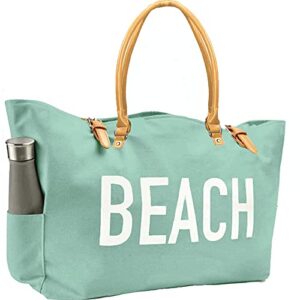 Keho Fashion Beach Bag (Cute Travel Tote), Large and Roomy, Waterproof Lining, Multiple Pockets (Green Canvas)