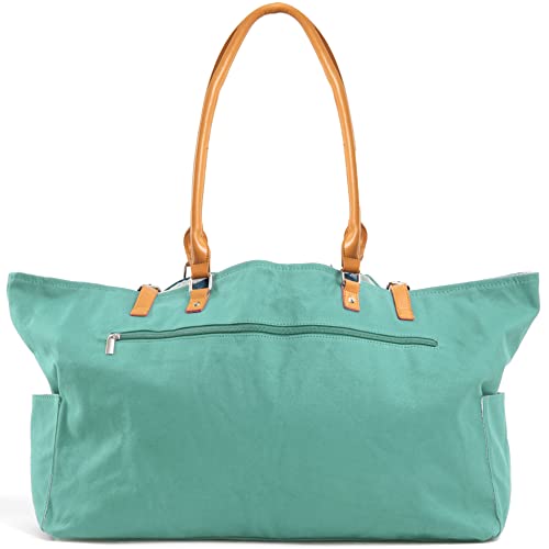 Keho Fashion Beach Bag (Cute Travel Tote), Large and Roomy, Waterproof Lining, Multiple Pockets (Green Canvas)