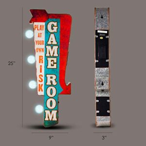 American Art Decor Vintage LED Marquee Wall Decor - Battery Operated Metal Wall Art With LED Light Bulbs - Retro Sign for Bar, Man Cave, Garage, Game Room & More (Game Room, 25" x 9" x 3")