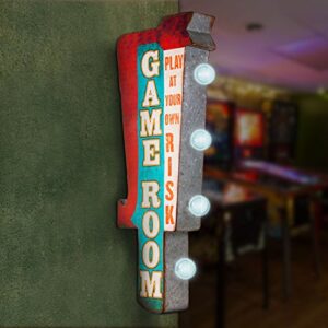 American Art Decor Vintage LED Marquee Wall Decor - Battery Operated Metal Wall Art With LED Light Bulbs - Retro Sign for Bar, Man Cave, Garage, Game Room & More (Game Room, 25" x 9" x 3")