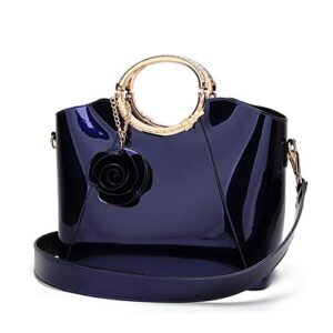 yan show women’s wild 3d flower decorated top handle purse multi-pocket handbag pu tote large capacity shoulder bag blue