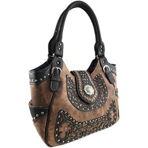 Zelris Western Albino Western Floral Buckle Conceal Carry Women Tote Purse Handbag with Crossbody Wallet Set (Brown)