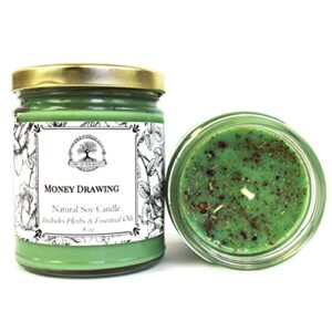 money drawing 9 oz soy spell candle | use in rituals relating to wealth, financial security, prosperity & abundance | wiccan, pagan, hoodoo, magick conjure