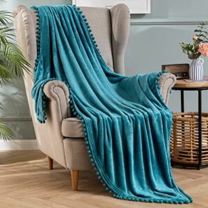 miulee fleece blanket with pompom fringe, soft cozy lightweight flannel bed blanket fuzzy plush warm teal blanket decorative tassel for couch sofa, throw size 50″x60″, turquoise blue