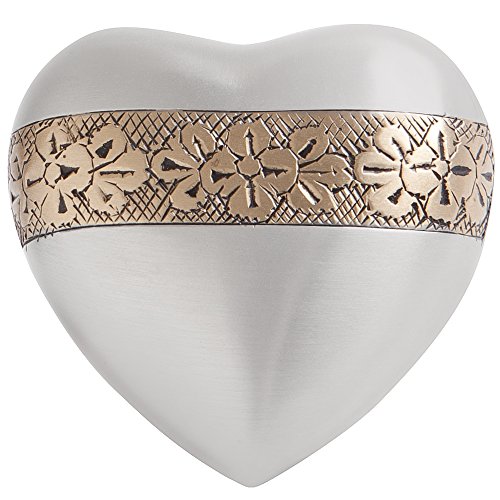 Heart Keepsake Funeral Urn by Liliane - Silver and Gold Mini Cremation Urn Hand Made in Brass • Fits a Small Amount of Cremated Remains and Ashes • 3 inches Tall Burial Urn • Wildflowers Heart Model